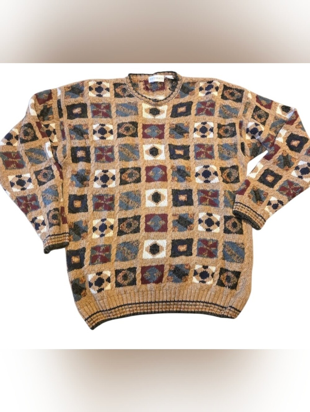 Bachrach Men’s Crewneck Sweater – Tan Multi Geometric XL